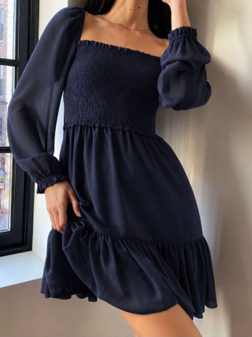 Aritzia Wilfred Tempest Mini Dress Smocked Chiffon Navy Blue Size Medium